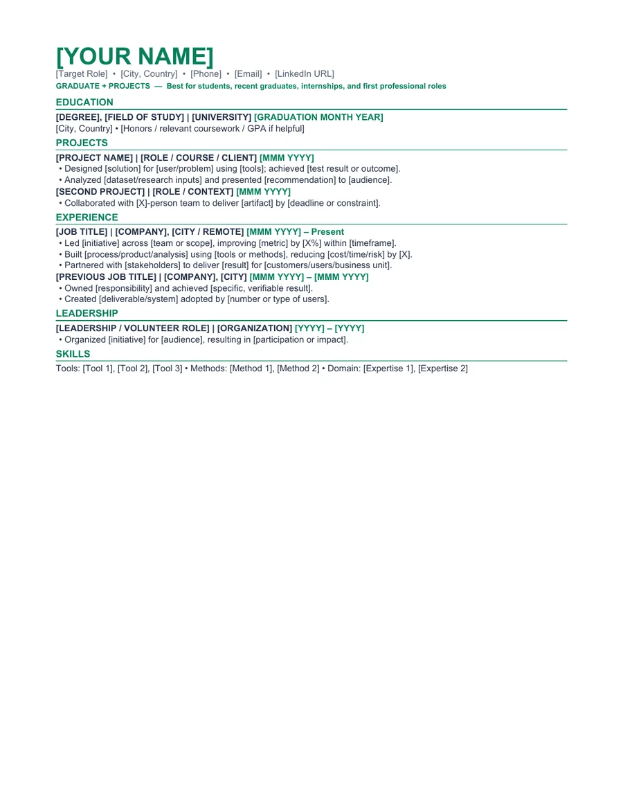 Graduate and Projects college student resume template preview