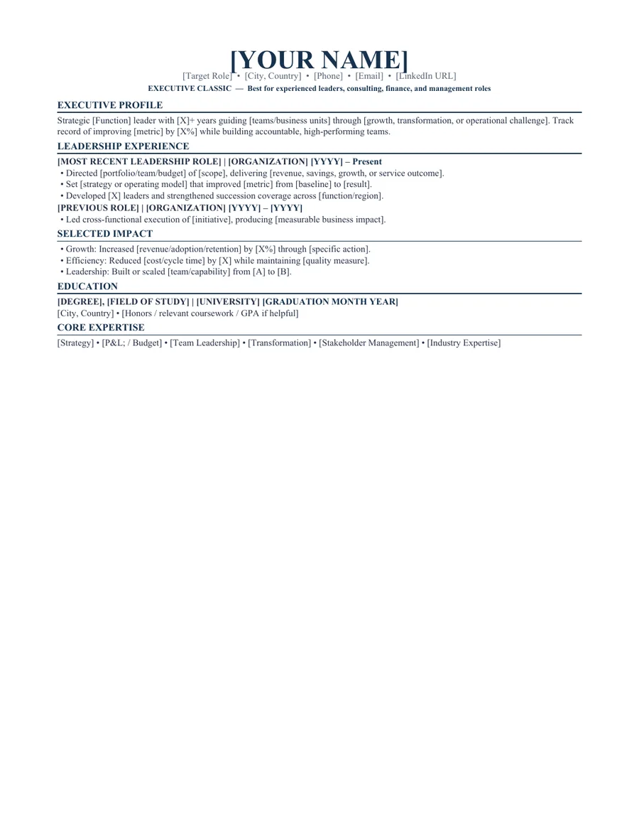 Executive Classic executive resume template preview