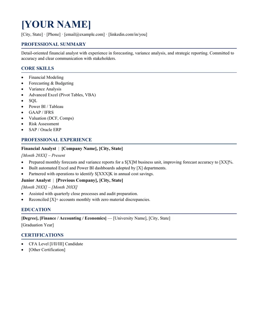 Sterling finance analyst resume template preview