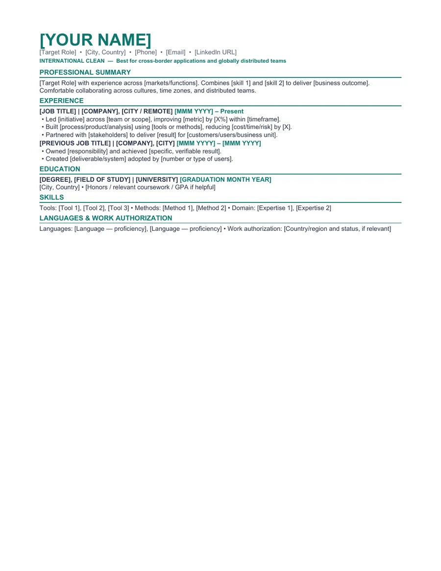 International Clean resume template for global job applications
