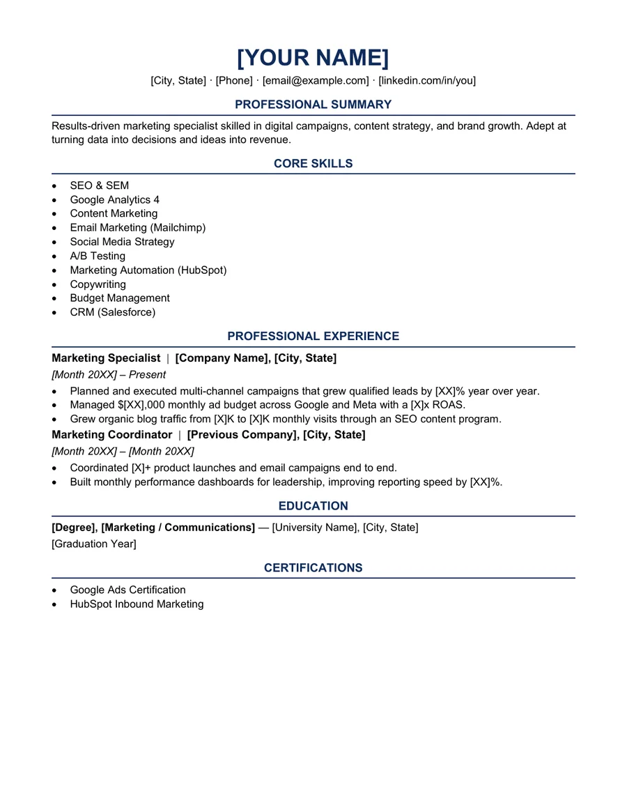Lumen marketing resume template Word preview