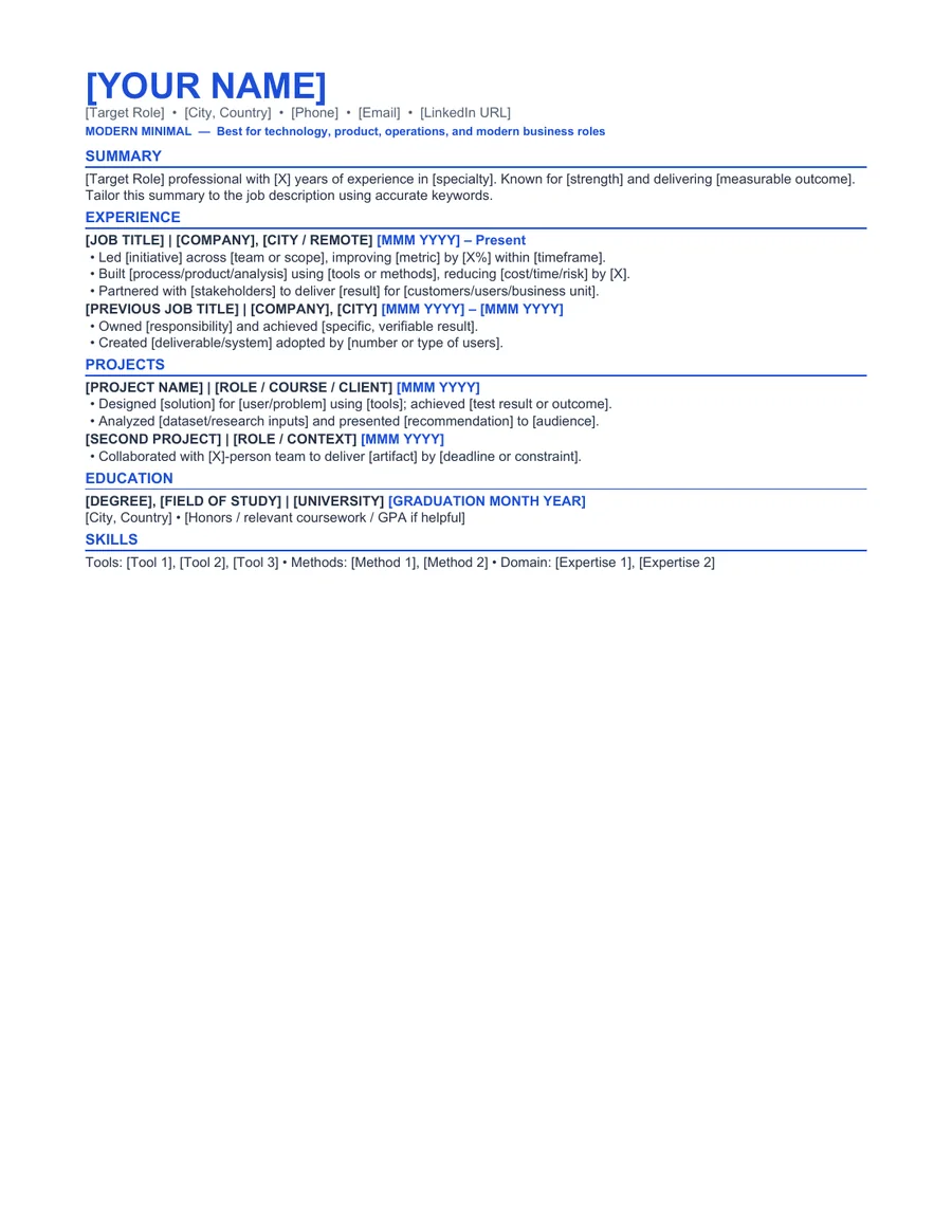 Modern Minimal ATS-friendly resume template preview