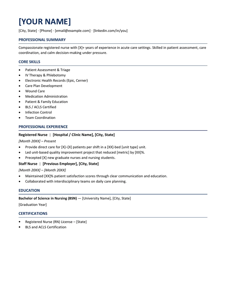 Pulse registered nurse resume template preview