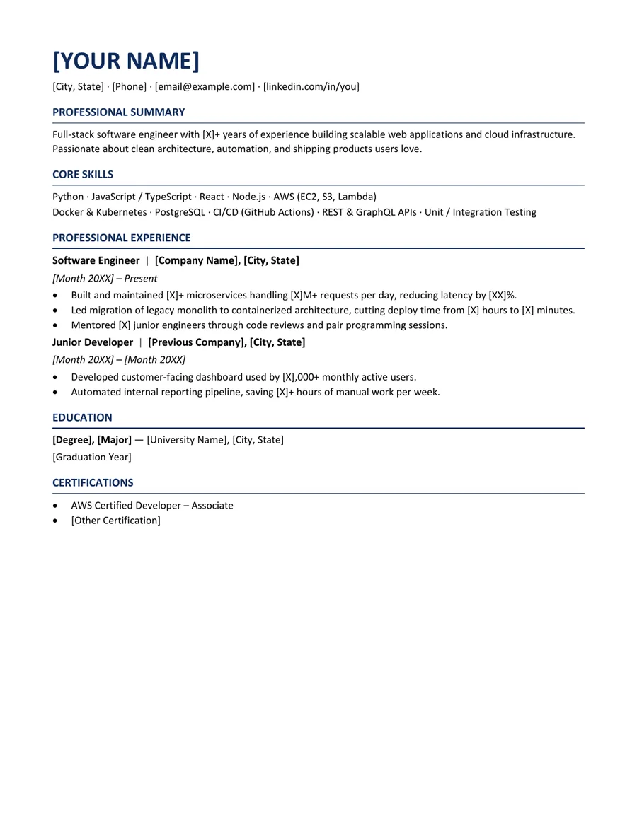 Free Aurora software engineer resume template preview
